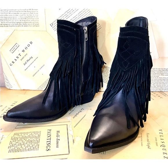 Free People Lawless Fringe Western Boot Black Leather & Suede Ankle Zipper - Picture 3 of 10
